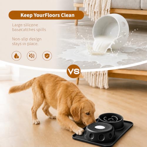 Slow Feeder Dog Bowl and Cat Water Bowl Set, 2 in 1 Pet Food and Water Bowl with Spill Proof Tray, Maze Puzzle Slow Eating Bowl for Cats and Dogs Black - color: Black, size: Double