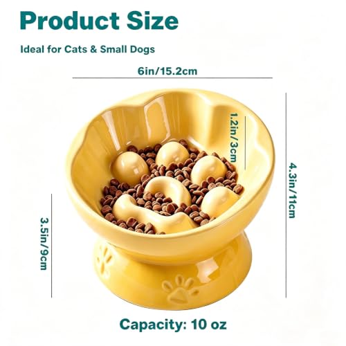 Ceramic Slow Feeder Cat Bowl, Elevated Tilted Design, Yellow - color: yellow