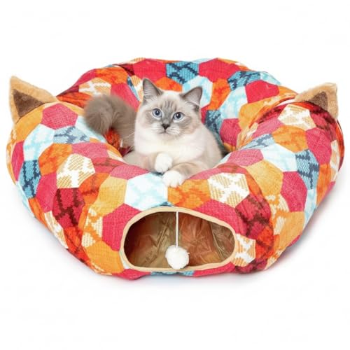 AUOON Cat Donut Tunnel with Bed for Kitten Puppy Rabbit Ferret, Orange - color: Orange