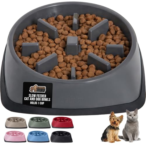 GORILLA GRIP® Patented Slow Feeder Dog and Cat Bowl, BPA Free, 1 Cup Gray - color: Gray, size: 1 Cup