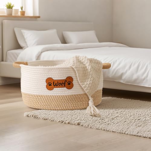 Dog Toy Basket, Dog Toy Box Organizer Baskets, Woven Cotton Rope Pet Puppy Dogs Toy Bin With Handle, Chew Toys Blankets Leashes Storage Baskets for All Pets - Puppies to Large 14" L x 10.2" W x H 7.9" - color: Yellow Woof
