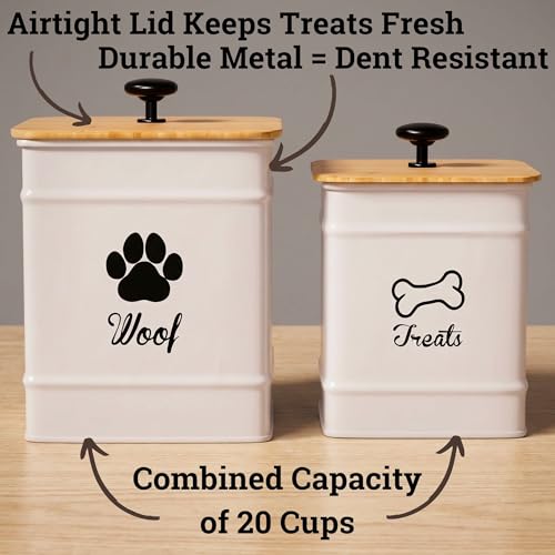 Dog Treat Container Set of 2 with Airtight Bamboo Lids - 8x6 & 7x5 inch - color: White - Large