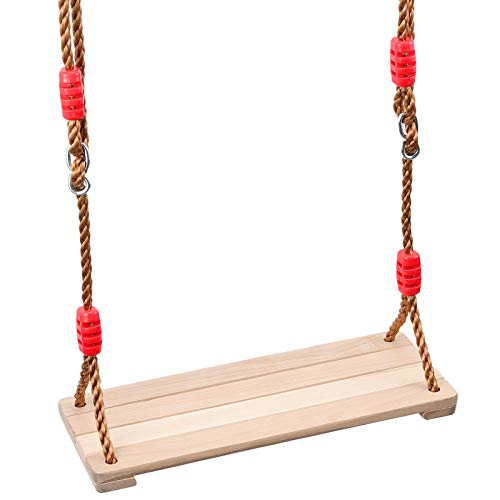 15.57 x 6.3 Inch Wooden Swing, Hanging Tree Swing Seat with Adjustable Rope and Carabiner 330LBS Large Bearing Capacity for Home Backyard Garden Playing