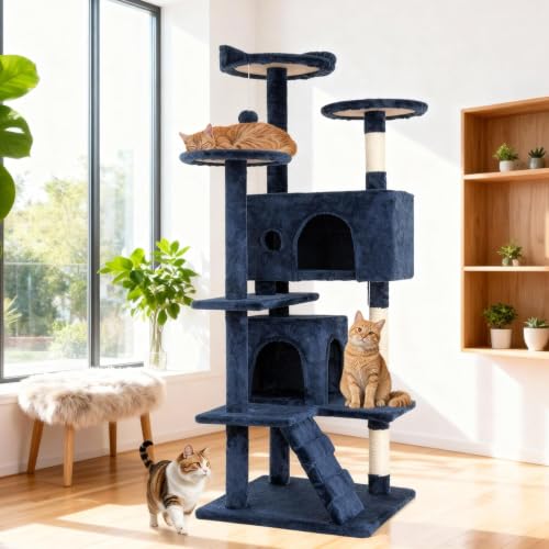 BestOffice 54" Cat Tree with Toy, Multi-Level Cat Tower Indoor Navy Blue - color: Navy Blue, size: 54 Inch