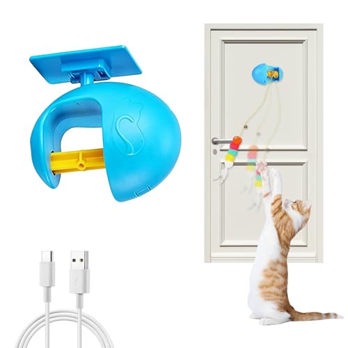 Puffluv Interactive Cat Toy for Indoor Cats, Automatic Electric Flying Bird Feather Wand Toy,Hanging Feather Wand with Stretch Cord, Rechargeable Teaser for Kittens and Adult Cats Play,Blue