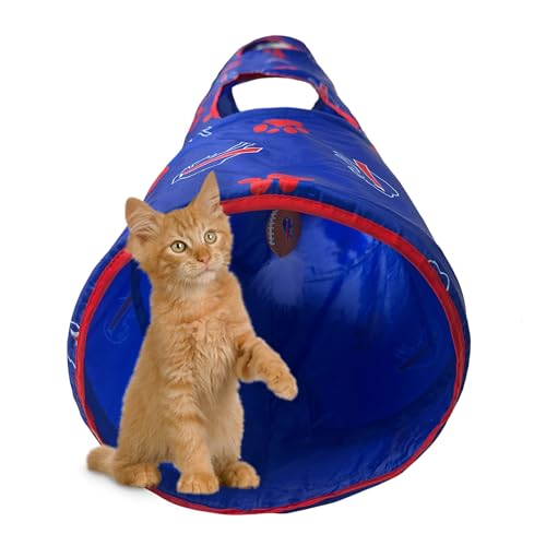 NFL Buffalo Bills Cat Tunnel Tube Toy with Plush Football Catnip and Feathers Collapsible Tunnel for Cats to Play, Peek and Hide, Sporty & Fun Cat Tunnel Toy with Team Logo All-Over Design! - color: Buffalo Bills