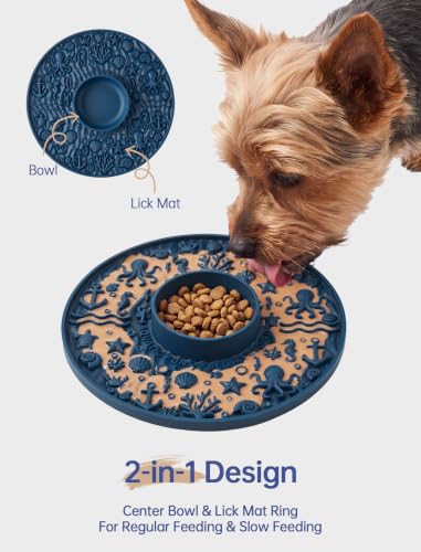 ZooZoo 2-in-1 Dog Lick Mat & Slow Feeder Bowl, Silicone Suction Cups, Blue