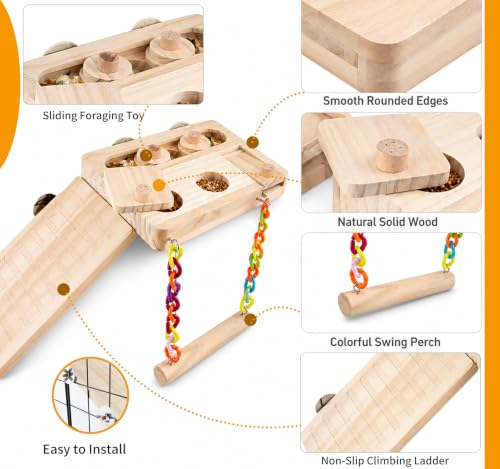 FlidRunest Wooden Bird Foraging Puzzle Platform Swing with Climbing Ladder for Parrots, Parakeet, Cockatiel, Sun Conures - Birds Interactive Mental Enrichment Toy, Bird Seed Slow Feeder Toy for Cage