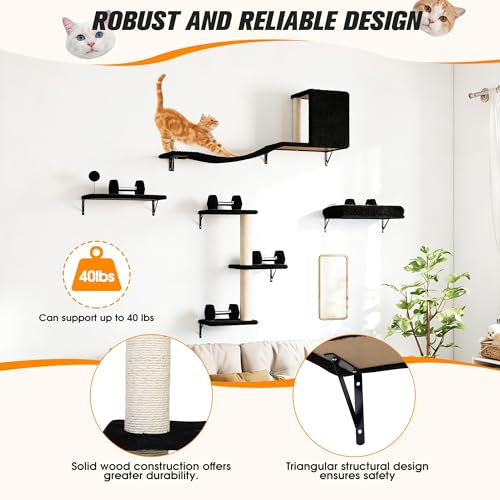 COZIWOW 5Pcs Wall Mount Cat Tree & Shelf Furniture for Large Cats, Black - color: Black