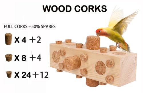 36pcs+18pcs Spares Soft Corks with Parrot Chewing Toy Cage Perch Pine Wood Foraging Smart Toy for Small to Regular Size Parrot Cockatiel Birds - size: MODEL-A
