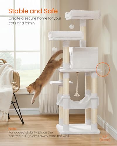 Feandrea Cat Tree, 55.8-Inch Tall Cat Tower Condo Indoor, Light Warm White - color: Cream White
