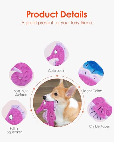 Artinova Dog Toys Squeaky Crinkle Purple Seahore, 1 Pack. No Stuffing Dog Toys for Puppy Teething Chewing, Durable Interactive Toys for Medium and Large Dogs