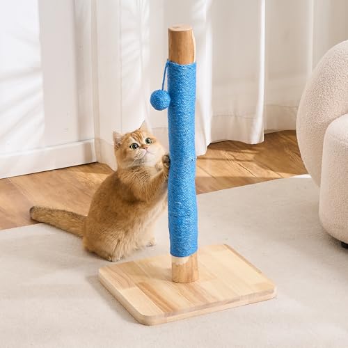 29" Tall Solid Wood Cat Scratching Post for Indoor Cats, Extra Stable Heavy Base, Natural Sisal Scratcher with Hanging Ball, Furniture Protector for Kittens & Adult Cats, Blue - color: Blue