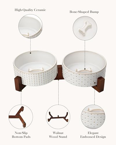 MALACASA Dog Bowl Set, Ceramic Bowls with Walnut Wood Stand, 4 Cups - color: Rhombic+Polka Dots, size: 4 Cups