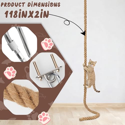 2" x9.8Ft Cat Climbing Rope with Hook, Natural Sisal Ceiling & Wall - size: 9.8FT
