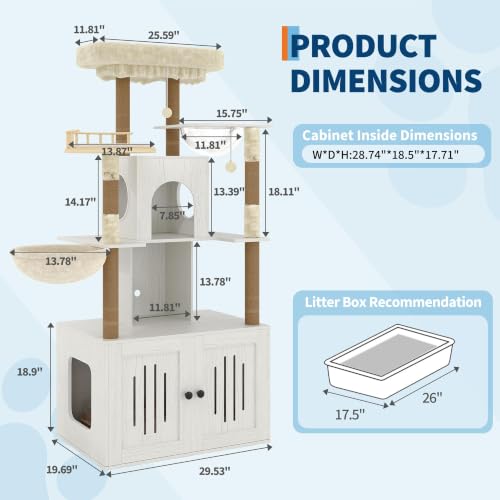 Cat Tree with Litter Box Enclosure, Multi-Level Cat Tower with Hidden Litter Box Furniture, Large Plush Top Perch, Sisal Scratching Posts, Cat Condo & Hammock for Indoor Cats, Living Room, Retro White - color: Retro White
