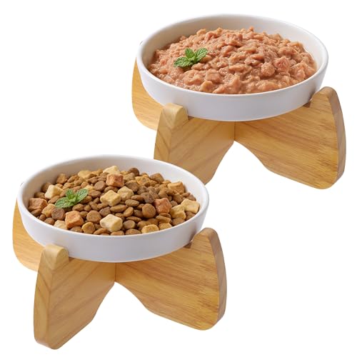 Raised Ceramic Cat Bowl 6.3" Wide Shallow Flat Bottom (2 Pack) - color: Raised Flat Bowl (2 Pack)