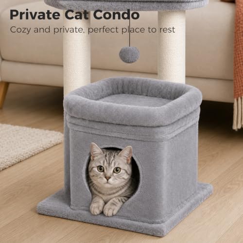 PEQULTI Small Cat Tree Tower for Indoor Cats, Sisal Post & Cozy Condo, Grey - color: Grey, size: M(15.7"L x 15.7"W x 26.7"H)