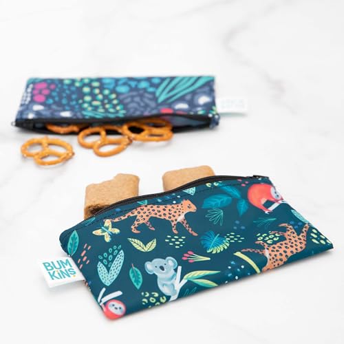 Bumkins Reusable Snack Bags, for Kids School Lunch and for Adults Portion, Washable Fabric, Waterproof Cloth Zip Bag, Supplies Travel Pouch, Food-Safe, 2-pk Jungle and Animal - color: E2 Jungle-Sm