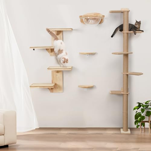 FUKUMARU Cat Wall Shelves, 2 Platform Kitten Wall Furniture, Tree Shape Wall-Mounted Floating Shelf with Sisal Mat, Solid Rubber Wood Cats Perch for 16 Inch Drywall, Suitable for Climb, Play, Nap - color: Sisal mat