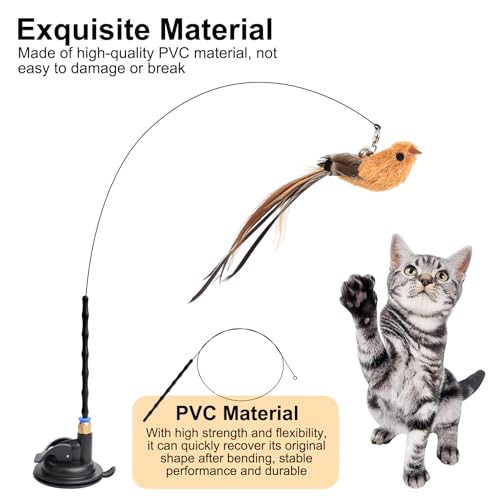 5 Pcs Interactive Cat Feather Toys, Interactive Cat Toys for Indoor Cats, Bird Simulation Cats Feathers Fishing Pole Toy Kit with Suction Base & Replacement Birds for Outdoor Indoor Kitten Playing