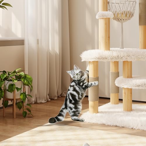 70" Modern Solid Wooden Cat Tree Tower for Large Adult Indoor Cats, Multi-Level Luxury Cat Furniture with Sisal Scratching Post & Hammock, White