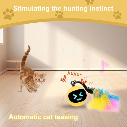 Electric Interactive Cat Feather Toy Ball for Indoor Cats,Turbo Tail Mouse Chase with LED Remote Control Cat Toy,Electric Automatic Moving Ball, Motion Activate Chirping Bird Sound Yellow - color: Yellow Ball