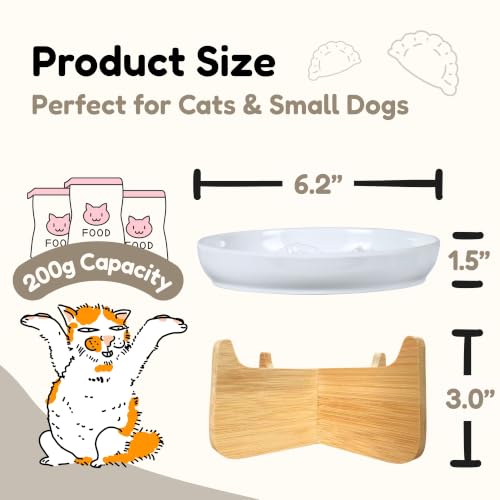 Elevated Slow Feeder Cat Bowl with Bamboo Stand, 6.3'' Ceramic Cat Food Bowl, Raised Whisker Friendly Cat Dish for Wet & Dry Food, Dishwasher Safe Anti-Slip Feeder for Cats & Small Dogs (White) - color: White with Stand