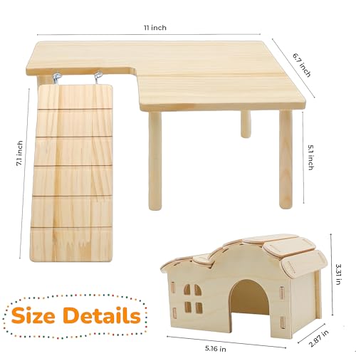 2 Pcs Wooden Hamster Platform Set, Hamster Wooden House Hideout, with Detachable Ladder Bridge, Climbing Toys, Cage Accessories, Small Animals Habitat Decor for Rat Gerbils and Other Small Pets