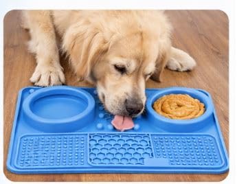 Silicone Dog Feeding Mat with Slow Feeder & Lick Pad for Dogs and Cats – Non-Slip Spill-Proof Pet Feeding Tray with Bowl Holder, Dishwasher Safe, Support, 12 x 8 Inch Blue - color: Blue