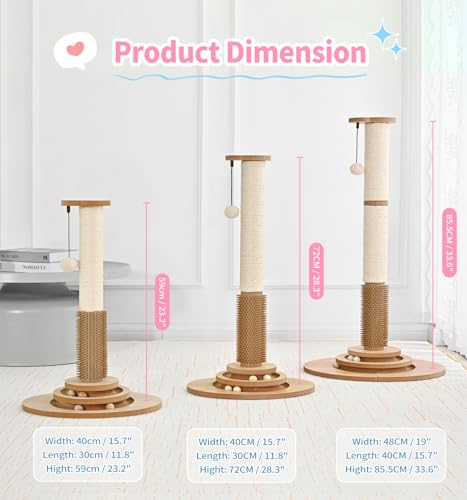 Made4Pets Tall Cat Scratching Post for Indoor Cats with Self Groomer, 33.6" - size: 33.6"H
