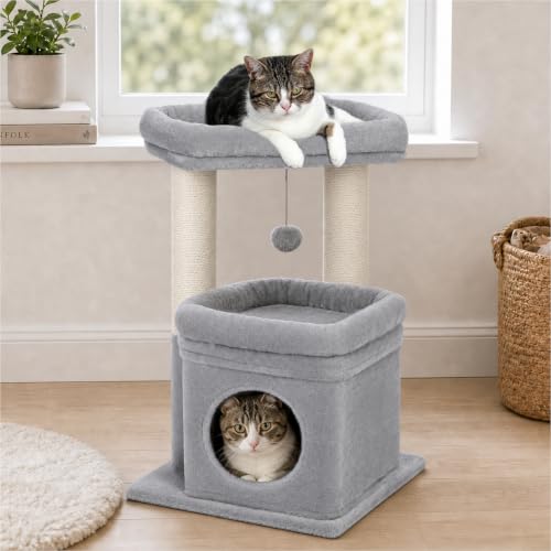 PEQULTI Small Cat Tree Tower for Indoor Cats, Sisal Post & Cozy Condo, Grey - color: Grey, size: M(15.7"L x 15.7"W x 26.7"H)