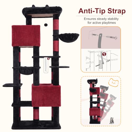 Heybly Cat Tree, 76-Inch Tall Heavy Duty Cat Tower for Big Cats HCT039BR - color: Black and Red, size: 76.8 inch
