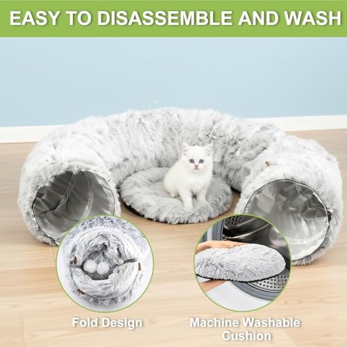 Cat Tunnel Bed for Indoor Cats, Plush Donut Tunnel with Washable Cushion