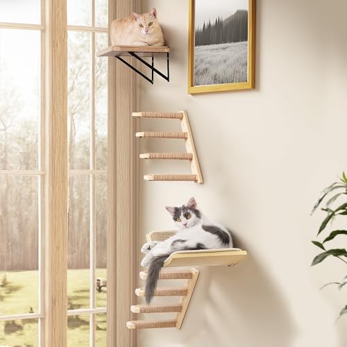 Cat Wall Shelves Set with Sisal Cats Stairs, 4 Piece Wooden Climbing Furniture with Scratchable Curved Bed, Flat Shelf & 2 Cat Wall 4-Steps Ladders - color: Curved Foam, size: Combo 4 in 1