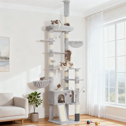 Hey-brother Cat Tree Tower, Adjustable Height, Floor to Ceiling, MPJ091W - color: Light Gray