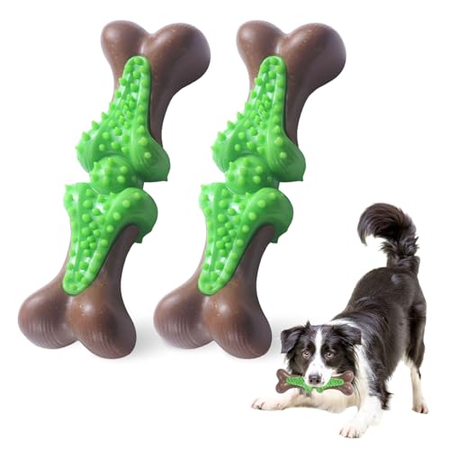 Durable Dog Chew Toys for Large Dogs - Tough Bone-Shaped Dental Chew with TPR Rubber & Wood Fiber, Teething & Aggressive Chewer Toys for Medium/Large Breed, Long-Lasting Teeth Cleaning 2 Pack set - color: Green-2 Pack Set