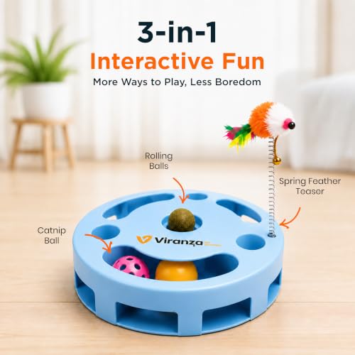 4 Interactive Cat Toy with Catnip Ball, Dual Rolling Balls & Feather Teaser - color: Green