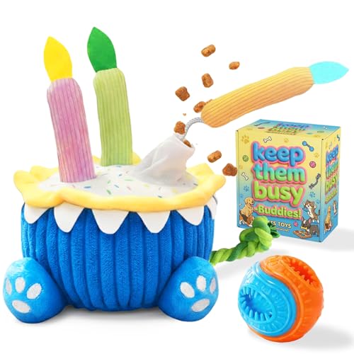 4-in-1 Dog Birthday Cake Toy, Interactive Snuffle Puzzle, Funny Dog Toys—Plush Squeaky Treat Dispenser with Cotton Rope, Hide ＆ Seek Enrichment Toy for Small/Medium/Large Dogs, Gotcha Day Party Gift