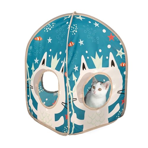 Kitty City Ocean-Themed Pop-Up Cat House, Collapsible Indoor Cat Hideout with Peekaboo Openings, Lightweight Foldable Kitty Play Furniture for Play & Lounging