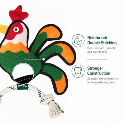 Green Sheep Squeaky Plush Dog Toy, Interactive Rope Toy with Recycled Materials for Tug, Fetch and Play, Medium to Large Dogs, Chew Toy, Cock - color: Rooster