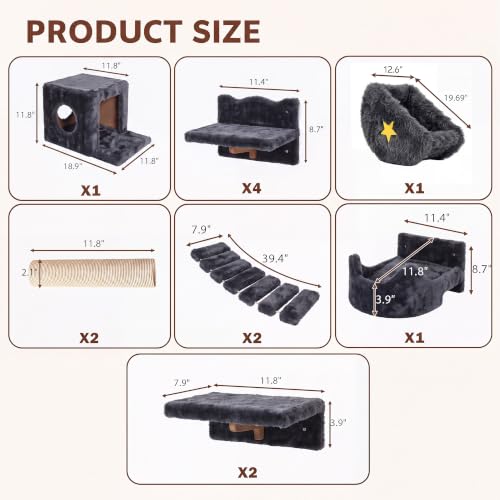 13-in-1 Cat Wall Shelves, Moon & Bridge Cat Wall Furniture, Grey - color: Grey, size: 13-in-1