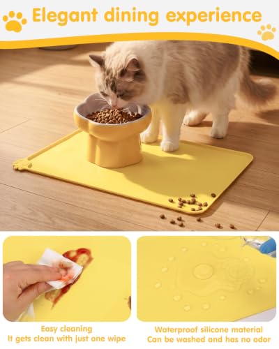 Ceramic Elevated Slow Feeder Cat Bowl Set with Feeding Mat & Measuring Scoop, Raised Tilted Puzzle Bowl for Cats & Small Dogs, Whisker Friendly Pet Feeding Dish for Dry Wet Food (Yellow) - color: Yellow