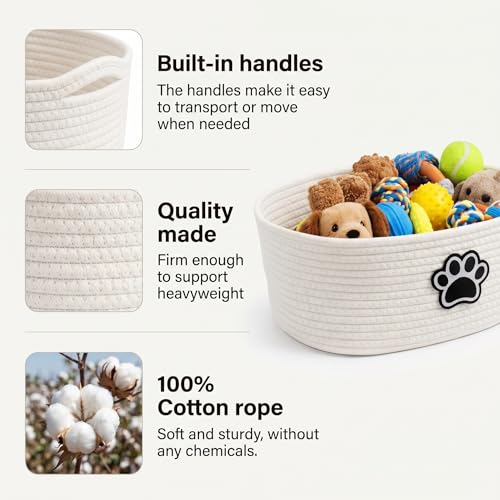 Woven Basket,Dog Toys Basket with Handle,Cute Cotton Gift Baskets Empty for Puppy Leash,Blanket Food, Accessories Pet and Household Storing