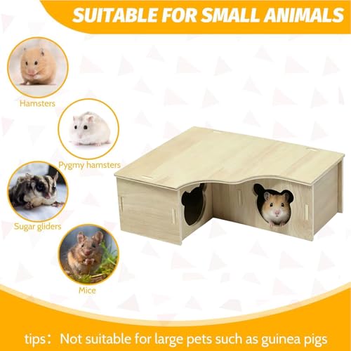Multi-Chamber Hamster House Maze, 3-Room Hideouts, Wooden Hamster Maze & Tunnel Exploring Toys, Dwarf Hamster House Habitats Decor for Hamster Mice Gerbils Lemmings