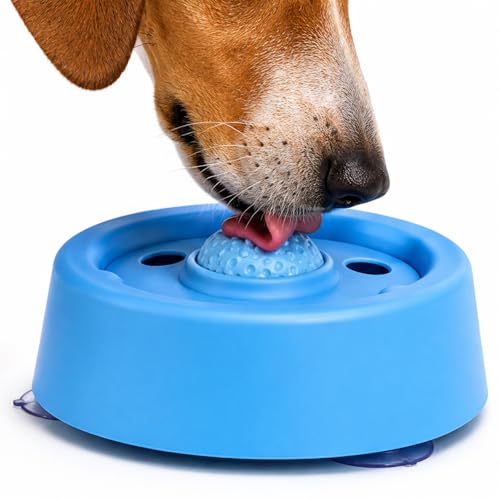 Dog Lick Bowl for Liquid Treats, Dog Lick Ball with Fixed Rolling Ball, 220ml PP Slow Feeder with 3 Suction Cups for Bone Broth Yogurt Supplements, Blue