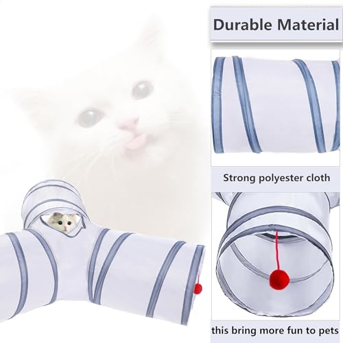Cat Tunnel Tube Toys, 3 Ways Tunnels for Indoor Cats with Play Ball - color: 3 Way White Gray