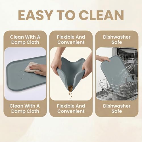 BLESWIN Waterproof Silicone Pet Feeding Mat Grey with Raised Edge,24" x 16"Non-Skid Spill Proof Dog Bowl Mats, Easy Clean Cat Bowls Placemat for Cats and Dogs - color: Grey, size: 60 x 40 cm