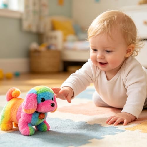 Hopearl Walking Colorful Dog with Bell Interactive Electronic Pet Plush Toy Puppy Woof and Moving Animated Nodding Head Gifts for Toddlers Birthday, Rainbow, 7'' - style: Dog_Straight Rainbow