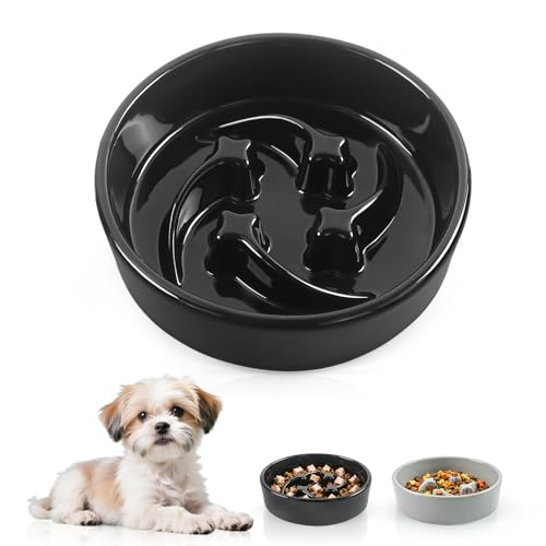 Ceramic Slow Feeder Dog Bowls, 0.6 Cups Dog Food Dish for Small Breed - color: Black-M